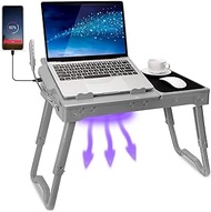 TeqHome Laptop Table for Bed, Adjustable Laptop Bed Desk with Fan, 4 USB Ports, Portable Lap Desk with Foldable Legs, Laptop Stand for Couch Sofa Bed Tray with LED Light, Storage, Mouse Pad - Grey