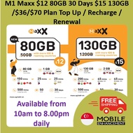 M1 Maxx $12 80GB 30 Days $15 130GB $36 90days $70 180 days Plan renewal recharge Top Up