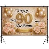 5x3ft Happy 90th Birthday Backdrop Bnner Gold Glitter Floral Balloon Decoration Rose Photography Bac