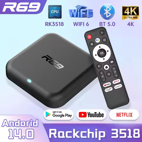 Janmifly R69 Smart TV Box Android 14 Rockchip RK3518 4K Wifi6 3D Google Assistant Netflix YouTube Bl