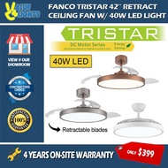 Fanco Tristar Retract 42" DC Ceiling Fan 40W Dimmable LED Light Super Bright Retractable Blades