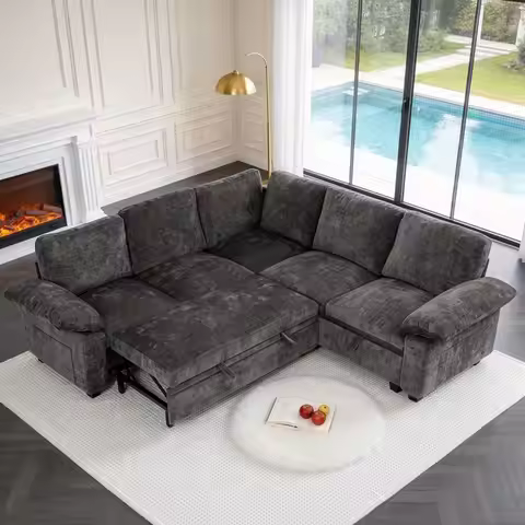 86 L-Shaped Sleeper Sofa with Pull-Out Bed, Storage Sectional, Chenille Cloud Couch, Gray Living Roo