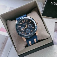 全新GUESS正品手錶⌚(W0366G4)玫瑰金錶殼藍色矽膠錶帶不銹鋼石英男女生三眼計時腕錶43mm