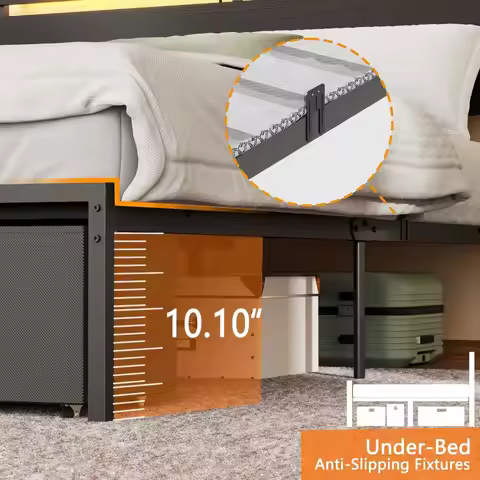 Queen Bed Frame with Wood Headboard, Black Platform Bed with 2 Storage Drawers amp Shelf, Builtin Ch