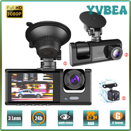 YVBEA HD 1080P Car DVR 3-Lens Dash Cam Inside front and rear Vehicle Dash Cam Three Way Camera Recorder Video Registrator Dashcam PIEBV
