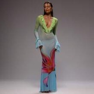 Extreme Frill Plunge Front Ruffle Sleeves Floral Printed Fitted Elegant Maxi Dress For Spring Summer