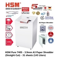 HSM Pure 740S - 3.9mm A3 Paper Shredder (Straight Cut) - 31 sheets (145 Liters) ( 740, non stop)