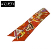 愛馬仕橙色飛馬噴泉圖案Twilly絲巾[二手]