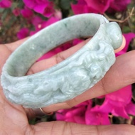 緬甸玉鐲 橢圓戒面 祥龍雕花 天然緬甸A貨白玉 內徑55.2公釐