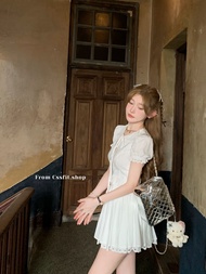 ชุดกระโปรงสั้นแขนพองปักลายหัวใจ Peter Pan Collar สำหรับผู้หญิง ชุดแฟชั่นฤดูใบไม้ผลิ 2024 สำหรับผู้หญ