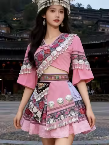 Traditional Chinese Folk Dance Top Skirt Set Festival Clothes Ethnic Minority Clothes Stage Performa