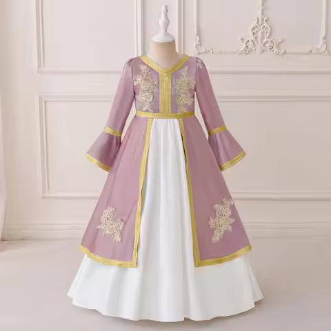 Girls Muslim Embroidered Robe Ball Gown Ramadan Birthday Parties Banquets Piano Performances Cocktai