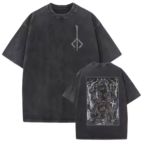 Vintage Washed Game Bloodborne Lady Maria Graphic T Shirt Men's Gothic Fashion Short Sleeve T-shirt 
