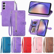 Matte Flip Phone Case For Samsung S20/S20+/S20 Ultra/S20FE/A10/A20/A30/A50/A50S/A70/A70S/A11/A21S/A31/A51/A71/M54 Leather Flower Wallet Phone Cover Cards Bag Holder Zipper Casing