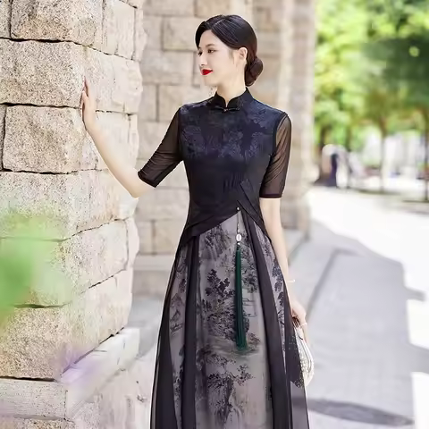 Balck Vintage Cheongsams Mesh Ink Qipao Plus Size 3Xl4Xl5Xl Chinese Style Dress Improved Ao Dai Qipa