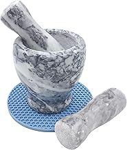 Marble Mortar and Pestle Set with Silicone Pad 2 Pestles Molcajete Grinder for Spices Crush Pills Guacamole and Garlic Sauce 3 Inches inside Diameter 1.5 Cup Capacity Light White Gray