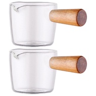 In Stock 2Pcs Single Spout Pitcher Espresso Shot Glass Single Spout Espresso Measuring Cup with Wood Handle