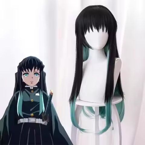 HAIRJOY Synthetic Hair Wig Tokitou Muichirou Cosplay Wig Ombre Black Green Costume Wig for Halloween