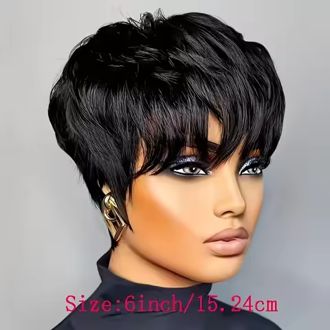 Pixie Cut human hair Wigs For Women Human Hair 1B Short Wig With Bangs Machine Made Wig Natural Blac