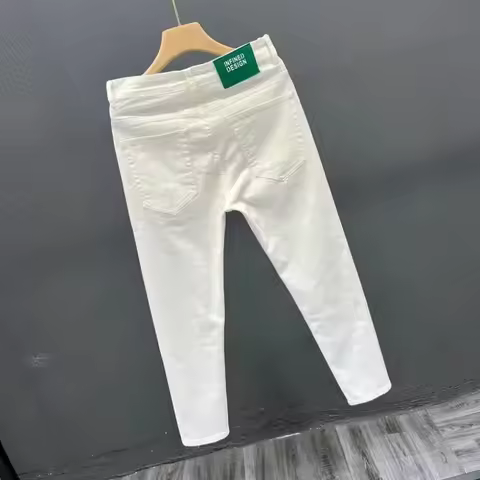 Jeans for Men White High Quality Trousers Slim Fit Tight Pipe Male Cowboy Pants Solid Skinny Stacked