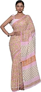 Hand Block Printed Cotton Mulmul Sarees for Women Attached Blouse Piece | Bagru Print Ajrak Print Co