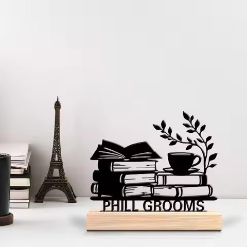 1pc Beauty Personalized Custom Books And Coffee Metal Statues Metal Art With Wooden Base Ideal For W