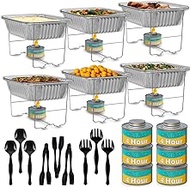 Chafing Dish Buffet Set, Half Size, Disposable Catering Supplies -6 Pack- Food Warmers for Parties: Foldable Wire Racks, Fuel, Aluminum Water Pans, Food Pans, Serving Utensils -Single Pan Food Warmer