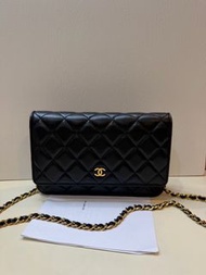 香奈兒/chanel 黑色羊皮 金扣 woc 鏈條包 芯片款 19.2cm