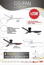 Fanco hugger ceiling fan w/ without light low ceiling 48 inch dc motor with 3 tone led light and remote control , black , black wood, white, cheapest ceiling fan with local warranty installation delivery singapore