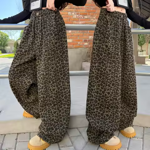 American Street Style Children Retro Leopard Jeans y2k Hot Girl Hip Hop Rlaxed Fit Baggy Denim Pants