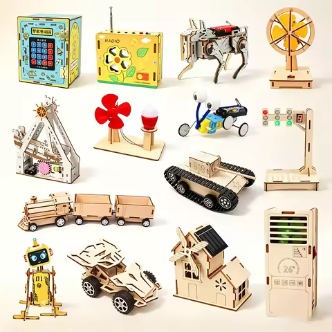 DIY Science Toys Children Wooden Puzzle Robots Assembled Satellite Model Solar Energy Science STEAM 