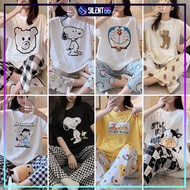 READY STOCK Baju Tidur Piyama Perempuan Lengan Pendek Seluar Panjang Set Wanita Pakaian Tidur Piyama