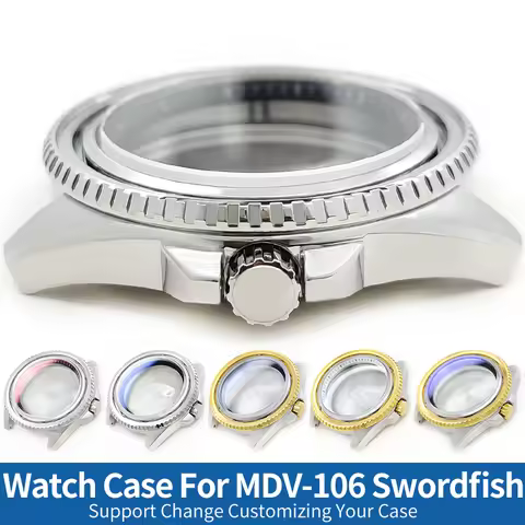 MDV-106 Watch Case Fits Swordfish 3 o'clock MOD Silver/Gold Sapphire Glass Crown Caseback Custom Sta