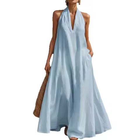 Women V Neck Loose Long Maxi Sundress Summer Fashion Female Sleeveless Solid Color Party Vestidos NM