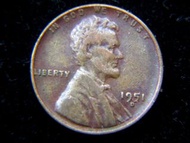 銅幣-United States-1951年美國林肯總統(Lincoln)像麥穗壹仙(Cent)銅幣(D標記)