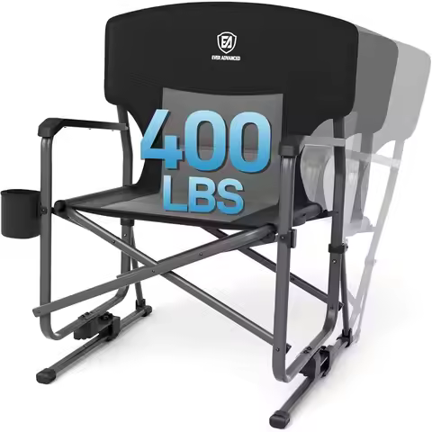 Rugged Black Camping Rocker Chair, 400 lbs Capacity, Easy Setup, Portable, Outdoor & Patio Use, 17 l
