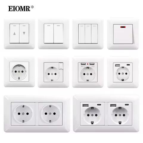 EIOMR EU Power Socket Wall Switch Combination With Usb Type C 2.1A Charging Port Outlet White PC Pan