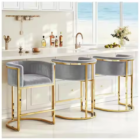 26" H Counter Height Bar Stools Set of 3, Modern Barrel Counter Stools with Backs and Arms, Velvet F