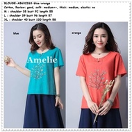 Baju Atasan Katun Lengan Pendek Blouse Wanita Korea Import Orange Blue