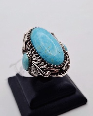 Jewelrythai แหวนเทอร์ควอยซ์ สีฟ้า แหวนเงินแท้ 92.5% ลายใบไม้ แหวนผู้ชาย หินเทอร์ควอยซ์แท้ Blue Turqu