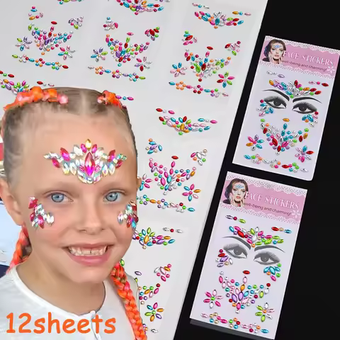 12sheets/Lot Colorful Rhinestone Eyebrows Cheeks Face Decor 3D Self-adhesive Crystal Glitter Gems Fo