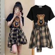 Large Size Suit Plus Size Summer Suit Half-Sleeved T-Shirt Short Dress Plus Size Women's Bear Half-Sleeved T-Shirt Plaid Ruffled Half-Skirt Two-Piece