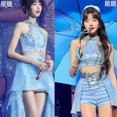 Korean Women Group Kpop Concert Costume Stage Dance Shiny Halter Vest Crop Tops Slim Shorts Skirt Ja