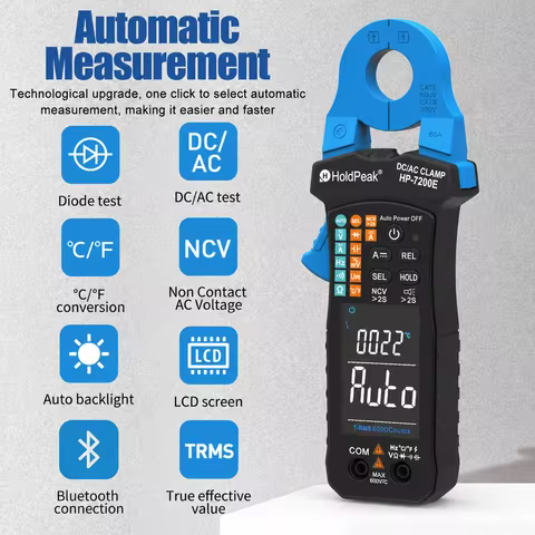 HP-7200E,AC/DC Clamp Meter 60A Auto Select Multimeter 6000 Counts True RMS NCV Live Wire Tester with
