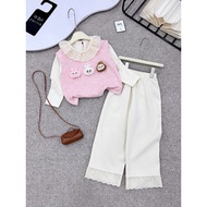 Baby girl set CS567, 3 labubu lace collar shirt set with matching shorts