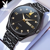 Playboy นาฬิกาลำลองผู้ชาย นาฬิกาทางการ กัน น้ำ หน้าปัดเพชร เรืองแสง ปฏิทินคู่ สายสแตนเลส นาฬิกาข้อมื