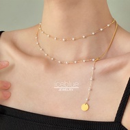 【iceblue】Long Chain Pearl Pendant Necklace 18K Gold Plated Waterproof Non Tarnish Jewelry 316L Stain
