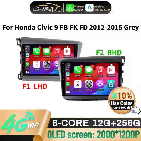 Car Radio For Honda Civic 9 FB FK FD 2012-2015 Grey Wireless CarPlay Multimedia Android 14 Navigatio