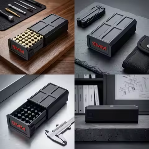 3D-Printed 50-Round 9mm Ammo Box with Sliding Lid – Tactical Desktop Organizer & Storage (Ammo Not I