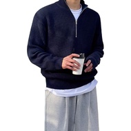 Men Fall Winter Sweater Half Zipper Stand Collar Elastic Knitted Pure Color Pullover Loose Long Slee